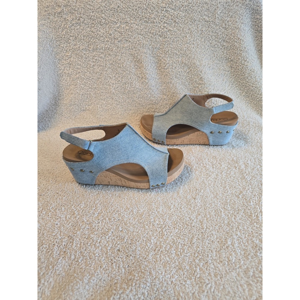 Corkys Carley Wedge Slingback Sandals Denim Blue Studded Open Toe Women's Size 9